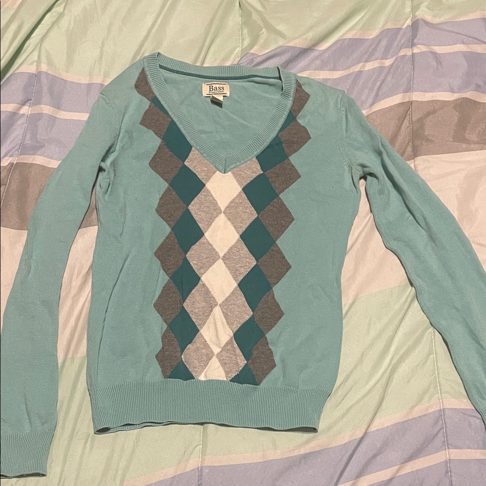 G.H. Bass & Co. Women's V-Neck Sweater - Aqua, Gray, and White Argyle